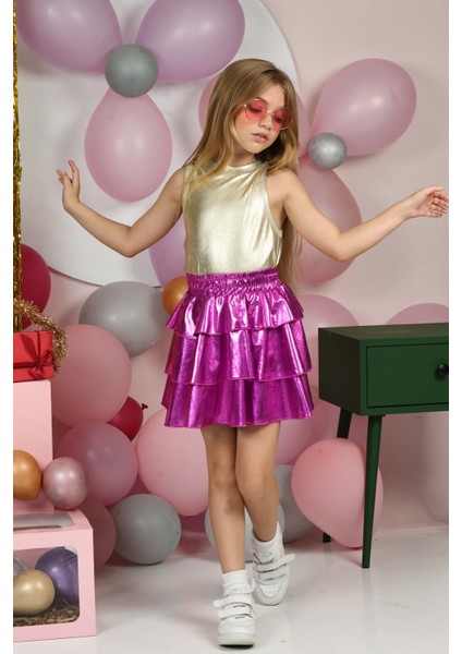 Kız Çocuk Beli Lastikli Metalik Parlak Işıltılı 3 Katlı Fırfırlı Etek modelleri