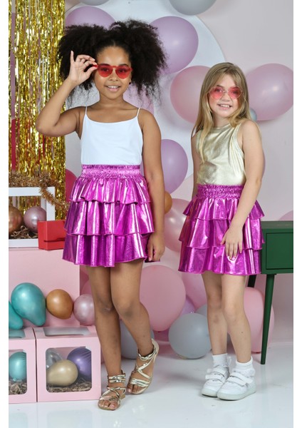 Kız Çocuk Beli Lastikli Metalik Parlak Işıltılı 3 Katlı Fırfırlı Etek fırsatları