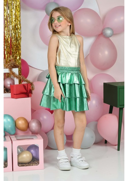 Kız Çocuk Beli Lastikli Metalik Parlak Işıltılı 3 Katlı Fırfırlı Etek fiyatları