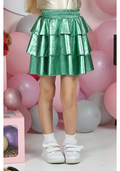 Kız Çocuk Beli Lastikli Metalik Parlak Işıltılı 3 Katlı Fırfırlı Etek modelleri