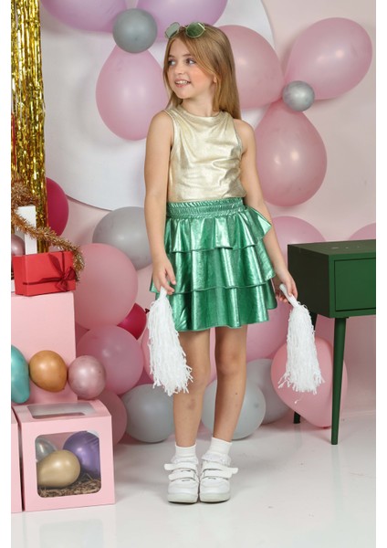 Kız Çocuk Beli Lastikli Metalik Parlak Işıltılı 3 Katlı Fırfırlı Etek fırsatları