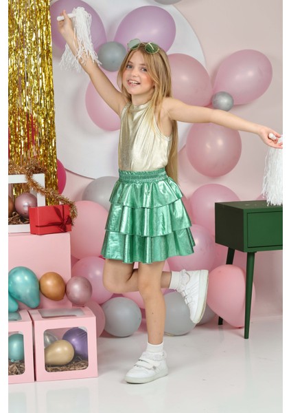 Kız Çocuk Beli Lastikli Metalik Parlak Işıltılı 3 Katlı Fırfırlı Etek indirimleri