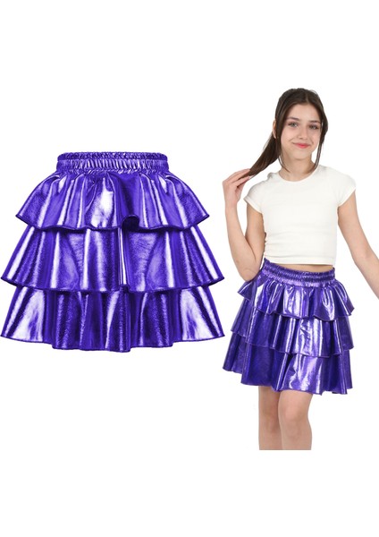 Kız Çocuk Beli Lastikli Metalik Parlak Işıltılı 3 Katlı Fırfırlı Etek