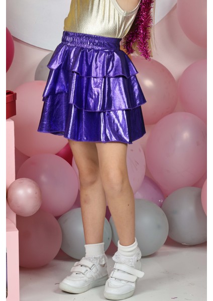 Kız Çocuk Beli Lastikli Metalik Parlak Işıltılı 3 Katlı Fırfırlı Etek modelleri