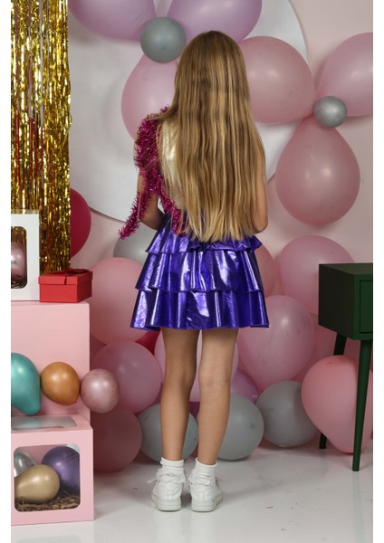 Kız Çocuk Beli Lastikli Metalik Parlak Işıltılı 3 Katlı Fırfırlı Etek fırsatları