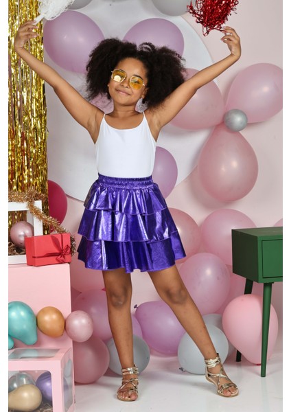 Kız Çocuk Beli Lastikli Metalik Parlak Işıltılı 3 Katlı Fırfırlı Etek indirimleri