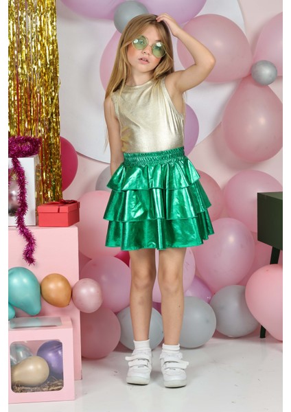 Kız Çocuk Beli Lastikli Metalik Parlak Işıltılı 3 Katlı Fırfırlı Etek fiyatları