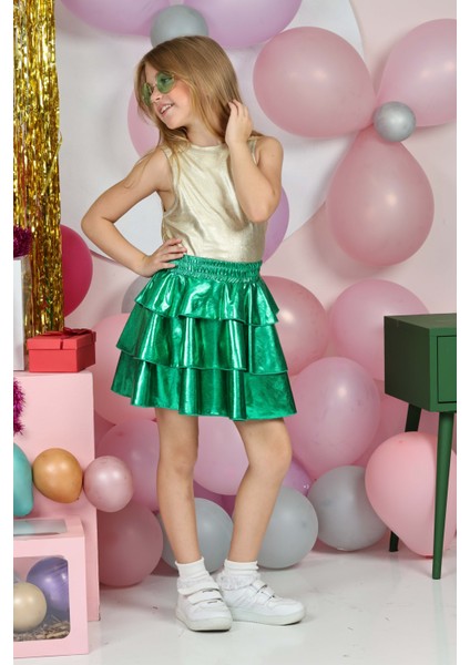 Kız Çocuk Beli Lastikli Metalik Parlak Işıltılı 3 Katlı Fırfırlı Etek modelleri