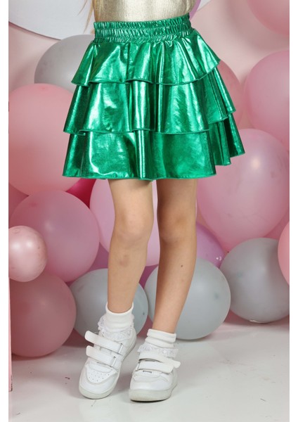 Kız Çocuk Beli Lastikli Metalik Parlak Işıltılı 3 Katlı Fırfırlı Etek fırsatları