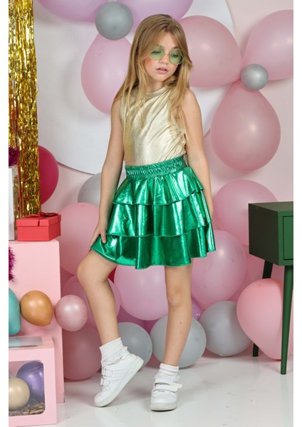 Kız Çocuk Beli Lastikli Metalik Parlak Işıltılı 3 Katlı Fırfırlı Etek indirimleri