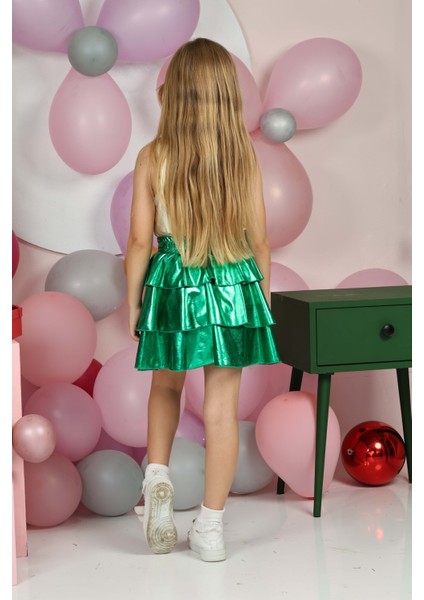 Kız Çocuk Beli Lastikli Metalik Parlak Işıltılı 3 Katlı Fırfırlı Etek