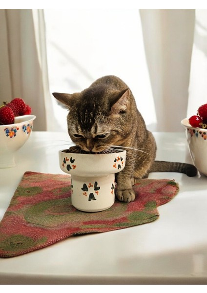 Kedi ve Köpekler için Yüksek Seramik Mama ve Su Kasesi Dökülmeyen Mama Kabı Noel Baba Mama Kabı