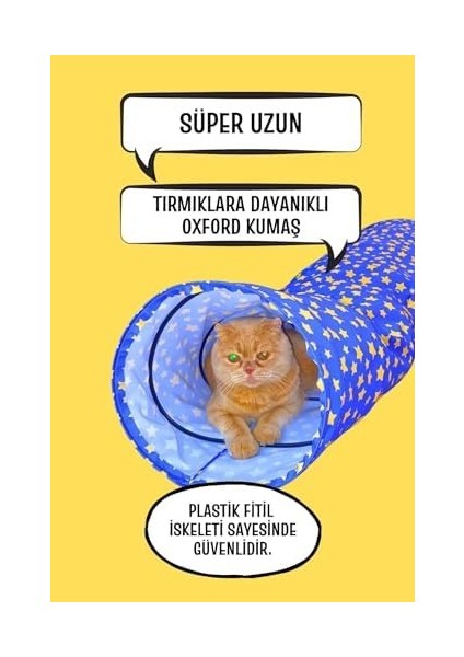 Katlanabilir Uzun Kedi Oyun Tüneli 125 Cm, Yıldız Geçidi Tünel Kedi