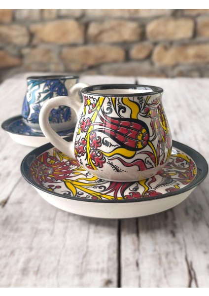 Dekoratif Çini Tasarım, Lale ve Karanfil Işlemeli Çay Kahve Fincanı Seti 2 Kişilik