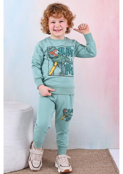 Pjk2i Dinazor Desenli Yeşil 2 Ip %100 Pamuk Erkek Çocuk Eşofman Takımı 3-10 Yaş 7426-Y
