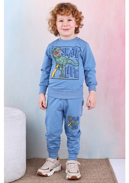 Pjk2i Dinazor Desenli Mavi 2 Ip %100 Pamuk Erkek Çocuk Eşofman Takımı 3-10 Yaş 7426-M