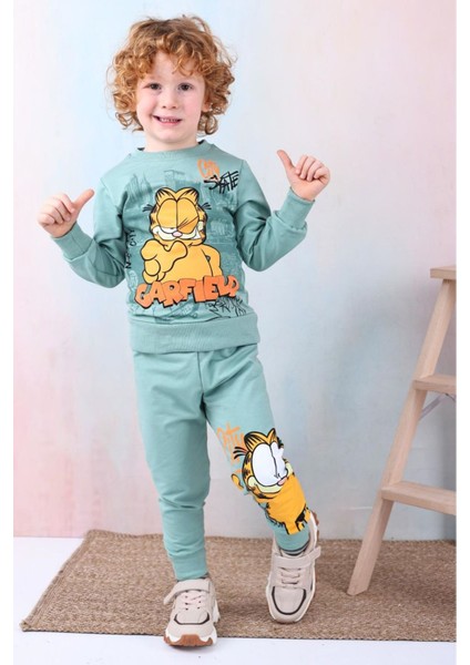 Pjk2i Garfield Desenli Yeşil 2 Ip %100 Pamuk Erkek Çocuk Eşofman Takımı 3-10 Yaş 7424-Y