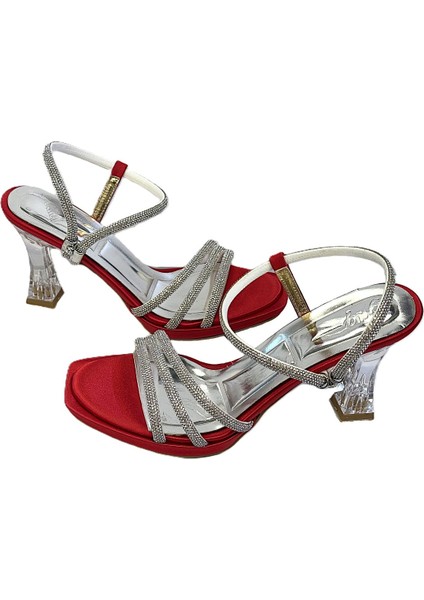 Şeffaf Kadeh Topuk Taşlı Saten 3 Şeritli Abiye Ayakkabı