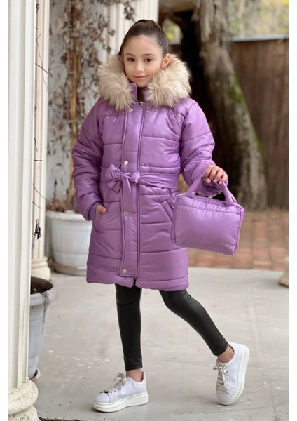 Kız Çocuk Su Geçirmez Uzun Şişme Mont Çantalı