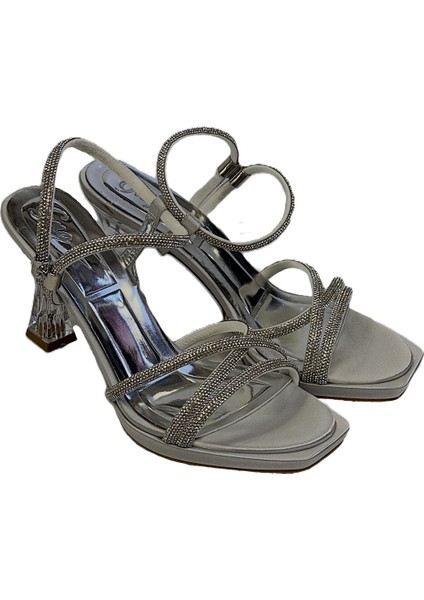 Şeffaf Kadeh Topuk Taşlı Saten Çapraz Şeritli Abiye Ayakkabı fiyatları