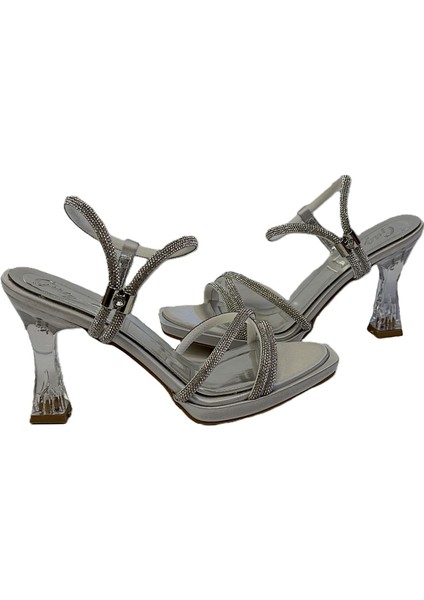 Şeffaf Kadeh Topuk Taşlı Saten Çapraz Şeritli Abiye Ayakkabı modelleri