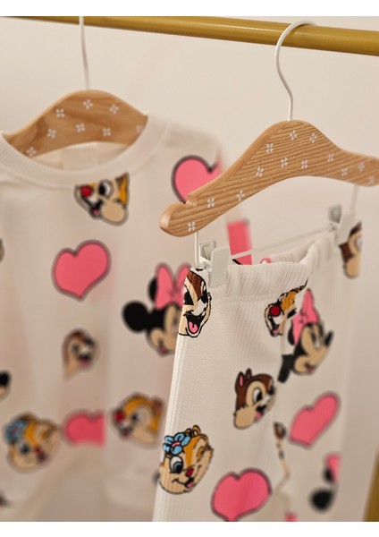 Beyaz Kız Çocuk Mickey Fitilli Taytlı Pamuklu Altüst Takım