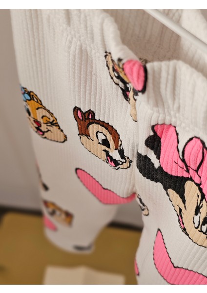 Beyaz Kız Çocuk Mickey Fitilli Taytlı Pamuklu Altüst Takım