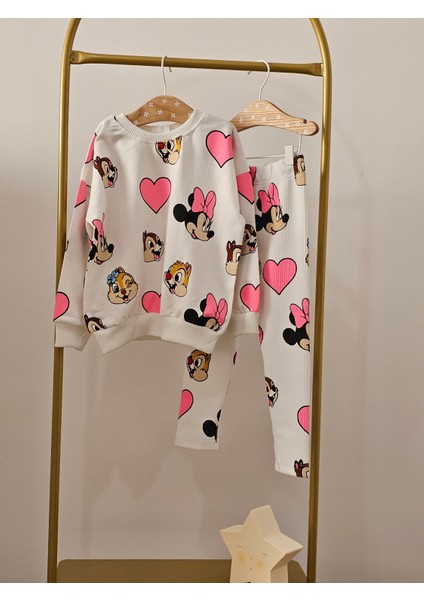 Beyaz Kız Çocuk Mickey Fitilli Taytlı Pamuklu Altüst Takım