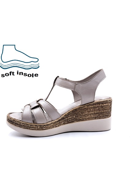 B251702 Hakiki Deri Cırtlı Konfor Dolgu Taban Kadın Açık Vizon Sandalet Ayakkabı fiyatları