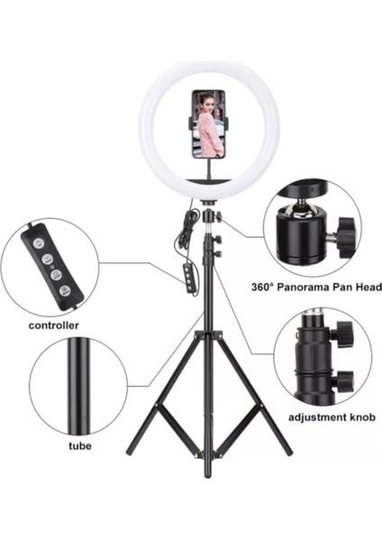 Ring Light 14 Inç Tiktok Youtuber Çekim Tripod Işıklı Telefon Tutucu Makyaj Işığı +2.1 mt Tripod