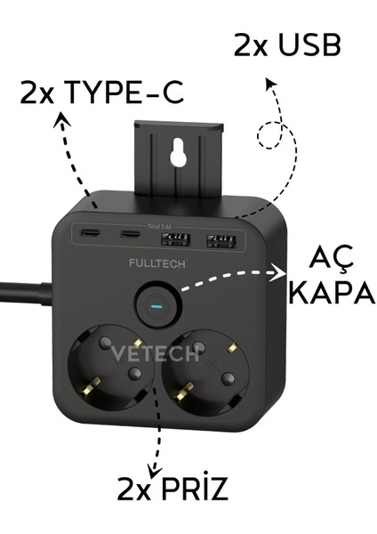 Korumalı Priz 2'li Priz / 2x USB Girişi / 2x Type-C Girişi 1.4mt Kablo Grup Priz