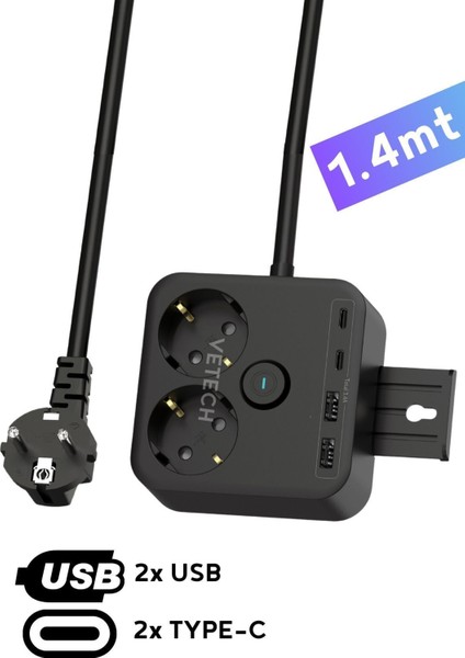 Korumalı Priz 2'li Priz / 2x USB Girişi / 2x Type-C Girişi 1.4mt Kablo Grup Priz