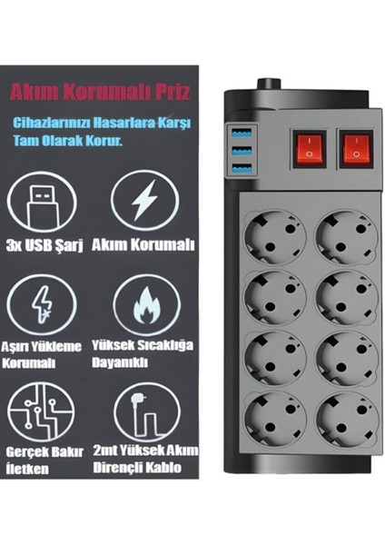 4000WATT 16A Akım Korumalı 2 Anahtarlı Priz 8'li Priz 3'usb 2metre Kablo Çoklayıcı