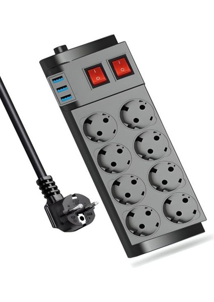 4000WATT 16A Akım Korumalı 2 Anahtarlı Priz 8'li Priz 3'usb 2metre Kablo Çoklayıcı fiyatları