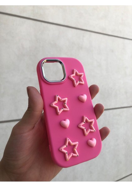 Iphone 16 Pro Uyumlu Pembe Pink Star Silikon Kabartmalı Charmlı Telefon Kılıfı