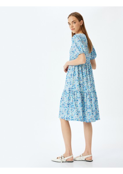 Fırfır Detaylı Balon Kollu Katlı Çiçekli Midi Elbise fiyatları
