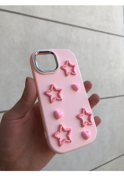 Iphone 15 Pembe Pink Star Silikon Kabartmalı Telefon Kılıfı