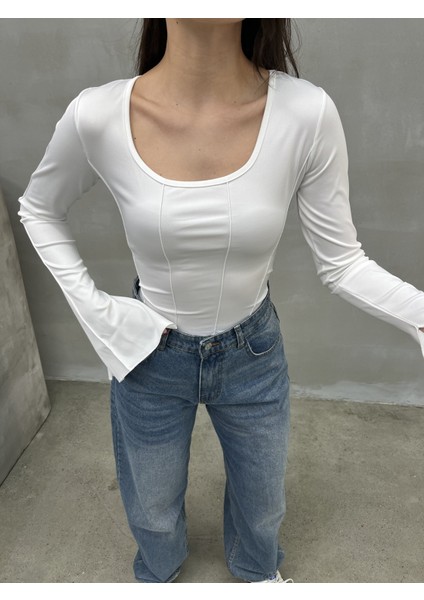 Kadın Bluz Ispanyol Kol Dikiş ve Bağlama Detaylı Sırt Dekolteli U Yaka Bluz indirimleri