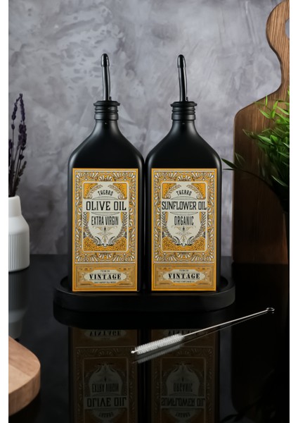 500ML Vintage Black Premium Mat Siyah Ahşap Stantlı Fırça Hediyeli Yağdanlık Set