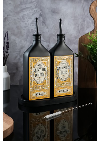 500ML Vintage Black Premium Mat Siyah Ahşap Stantlı Fırça Hediyeli Yağdanlık Set