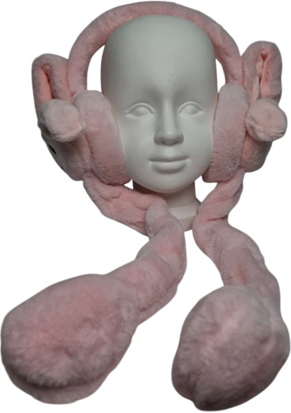 Kız Çocuk Pembe Renk Kromi Figürlü Oynar Kulaklık ve Sesli Kışlık Peluş Kulaklık