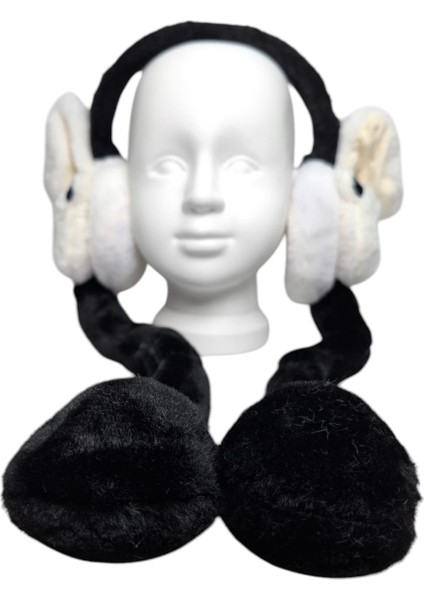 Ünisex Kız ve Erkek Siyah Beyaz Renk Panda Figürlü Oynar Kulak ve Sesli Kışlık Peluş Kulaklık
