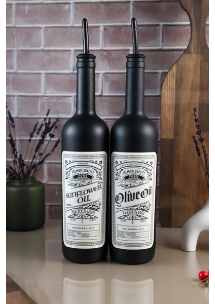 750ML Retro Black Edition Mat Siyah Paslanmaz Başlıklı Zeytinyağı Şişesi ve Ayçiçek Yağı Şişesi