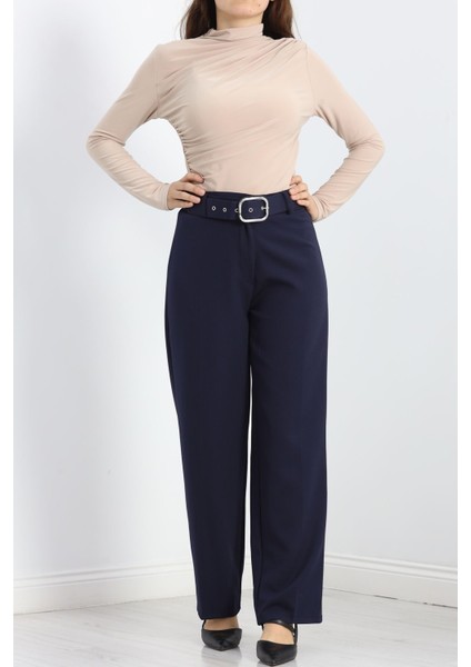Double Kumaş Kemerli Bol Paça Pantolon Lacivert - 20903.1397. fırsatları