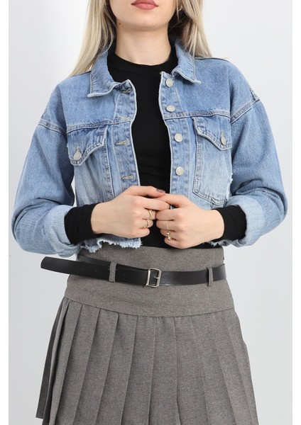 Lazer Kesim Crop Kot Ceket Mavi - 23145.1900. fırsatları