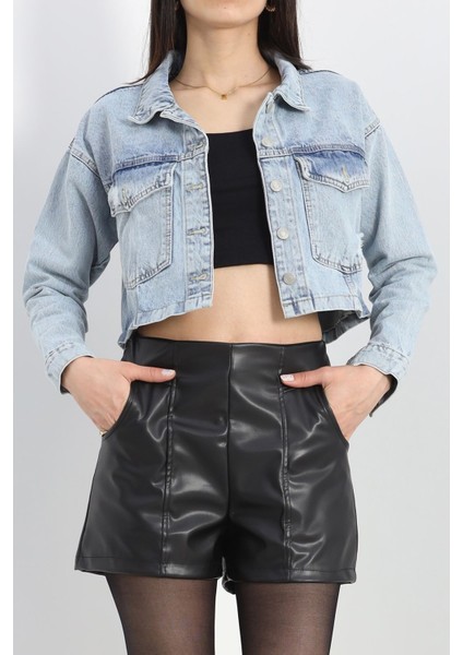 Lazer Kesim Crop Kot Ceket Buzmavi - 23145.1900.