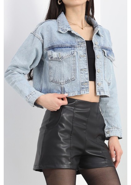 Lazer Kesim Crop Kot Ceket Buzmavi - 23145.1900. modelleri