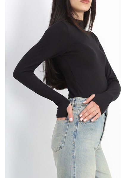 Yarım Balıkçı Uzun Kolu Parmak Geçmeli Bluz Siyah - 21756.200. modelleri