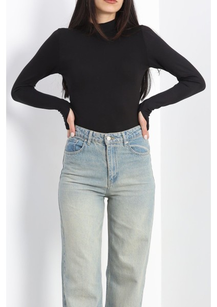 Yarım Balıkçı Uzun Kolu Parmak Geçmeli Bluz Siyah - 21756.200. indirimleri