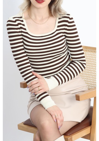 Kare Yaka Çizgili Triko Body Lattekahve - 1118.1247. modelleri